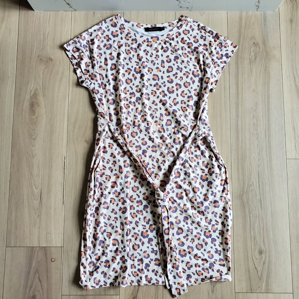 Fashion Shirt Dress Womens Large Ivory Leopard Print Waist Wrap Mini Slip Casual
